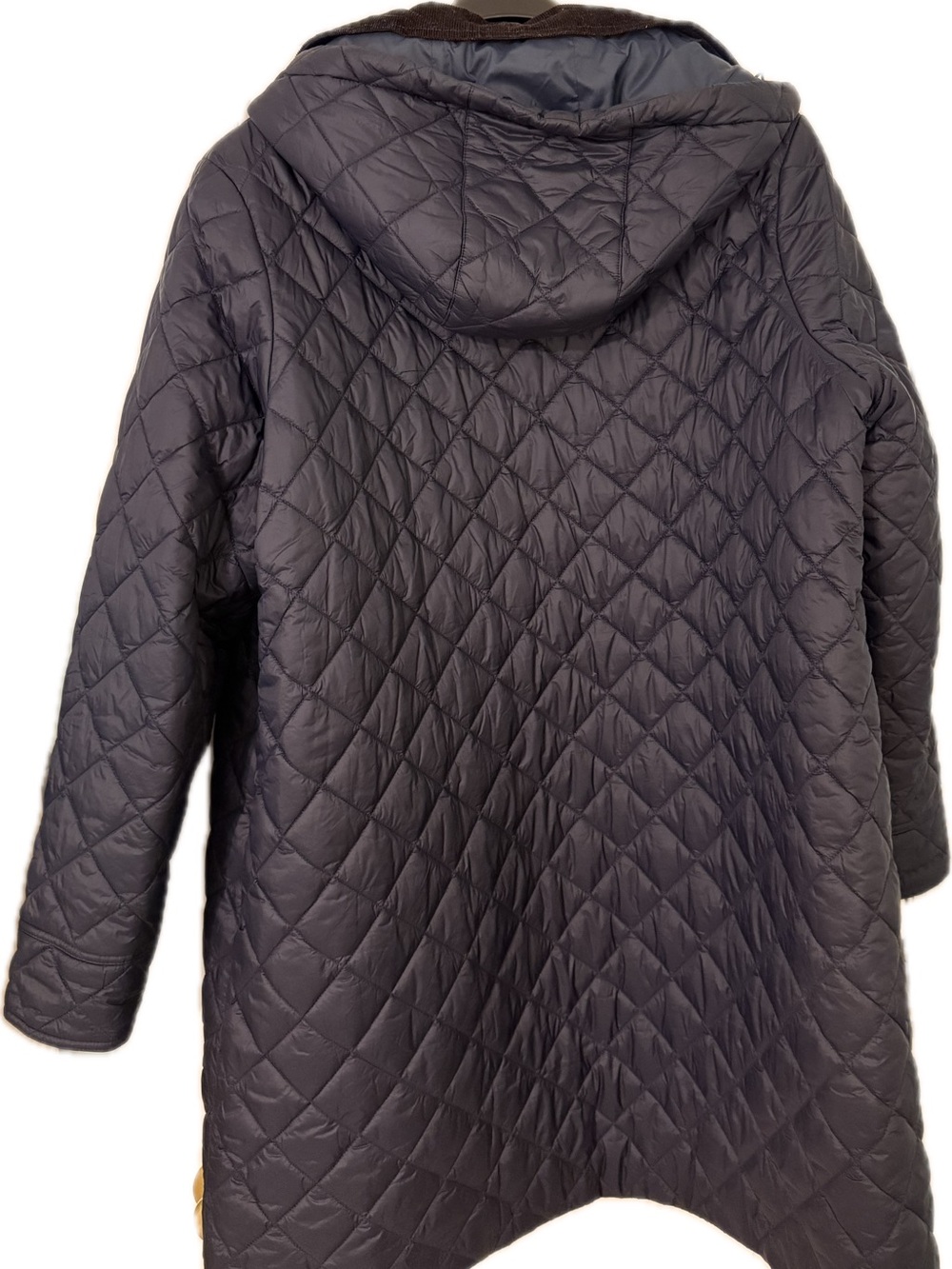 SOLD-Barbour Quilted Puffer Coat in Navy, Corduroy Trim Collar, Detachable Hood - Picture 2 of 7